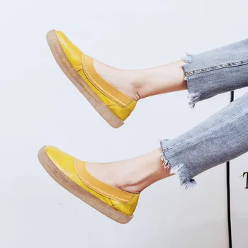 

2019 autumn new fashion simple solid color flat shoes women leather comfortable soft sole casual shoes
