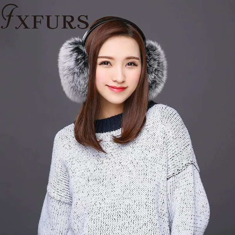 black ST FXFURS новые модные милые объемные наушники из лисьего меха теплые меховые наушники из натурального меха с кожаной полкой для женщин защита для ушей зима - Цвет: black ST