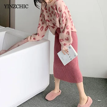 

Early Spring Woman Knit 2PCS Set Leapard Print Loose Sweater Pencil Skirt Suits Casual Female Knitted Suit Sets