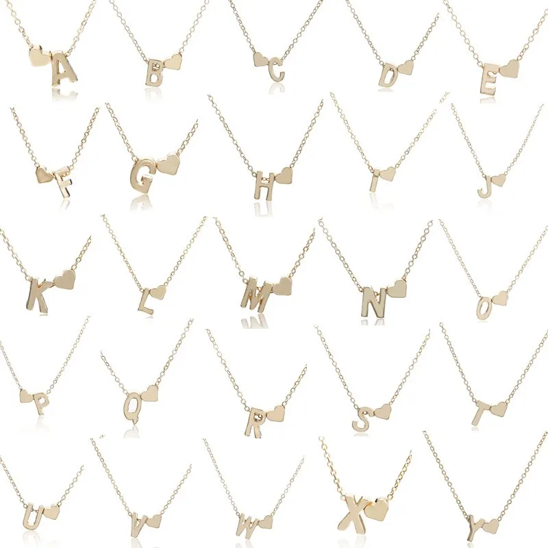 Tiny Heart Initial Letter Necklace Long Chain Name Plated Pendant Choker Necklaces for Women Jewelry Girlfriend Gift