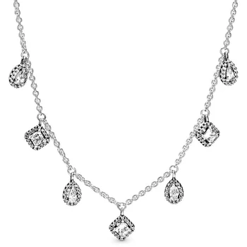 

New 925 Sterling Silver Timeless Elegance Geometric Shape With Pear And Square Stone Necklace Fit Europe Bead Charm Diy Jewelry