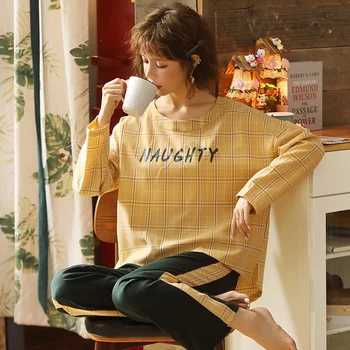 

Autumn Pajamas Yellow plaid Women Pyjamas Long-Sleeved Trousers Set Loose Cute Leisure Tops Large Size Household clothing