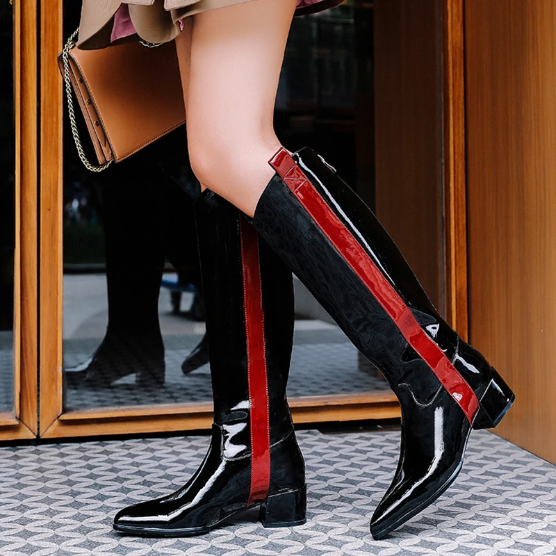 Сапоги для верховой езды женская обувь зимние сапоги в западном стиле на квадратном каблуке сапоги до колена на молнии на среднем каблуке новые женские красные, черные размеры 34-42