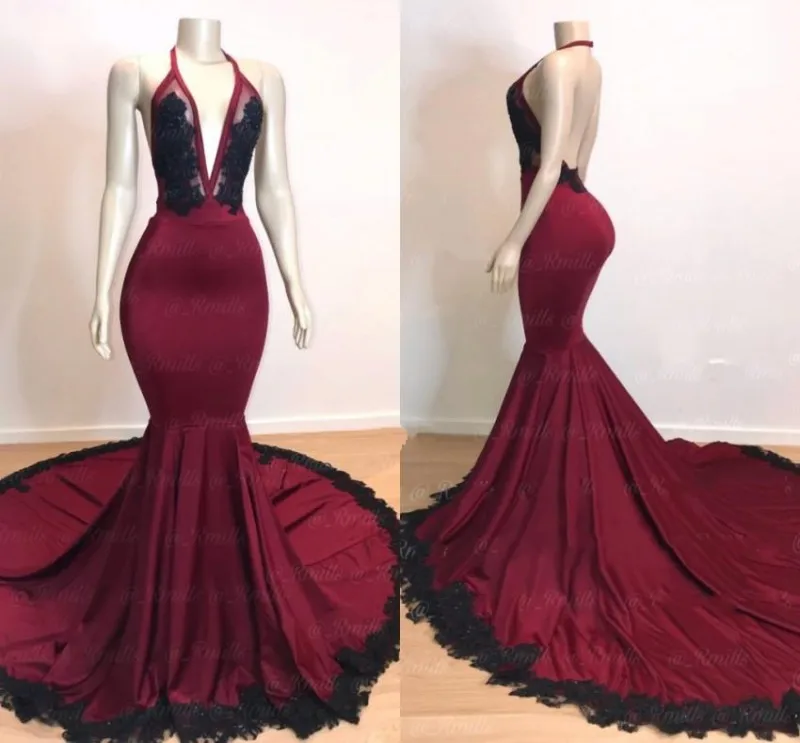 

2020 New Trend Black Appliques Burgundy Prom Dresses Sexy Deep V Neck Open Back Evening Gowns Formal Dress robe de soriee