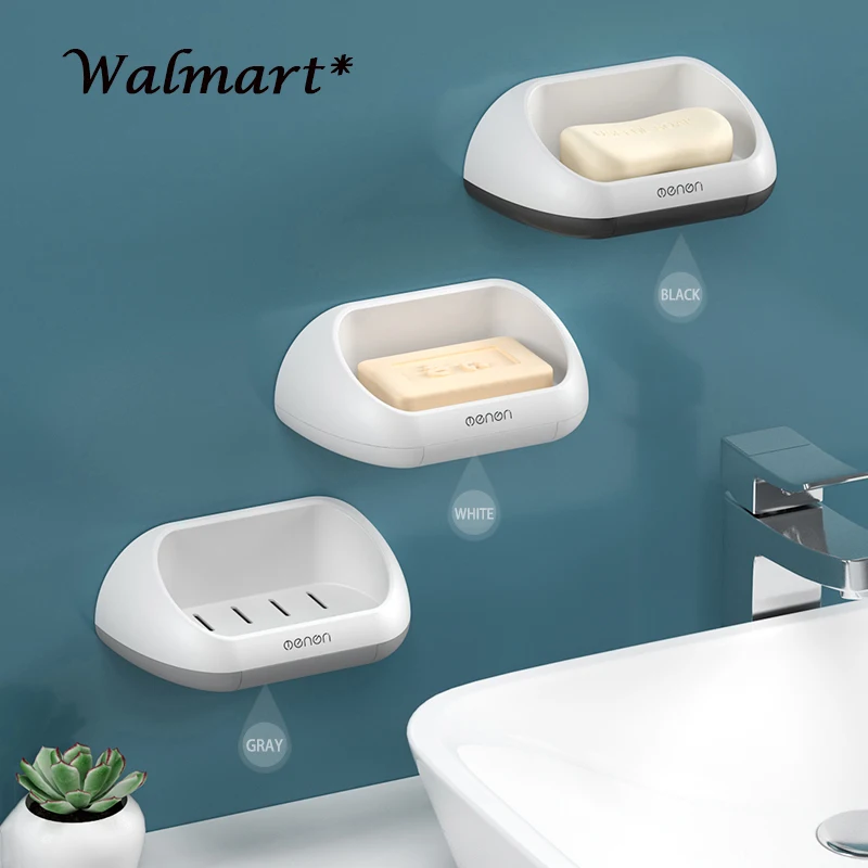 

Creative No Trace Wall-Mounted Soap Dish with Drain Sucker Soap Box Storage Container Home Bathroom Plastic Soap Bar Organizer