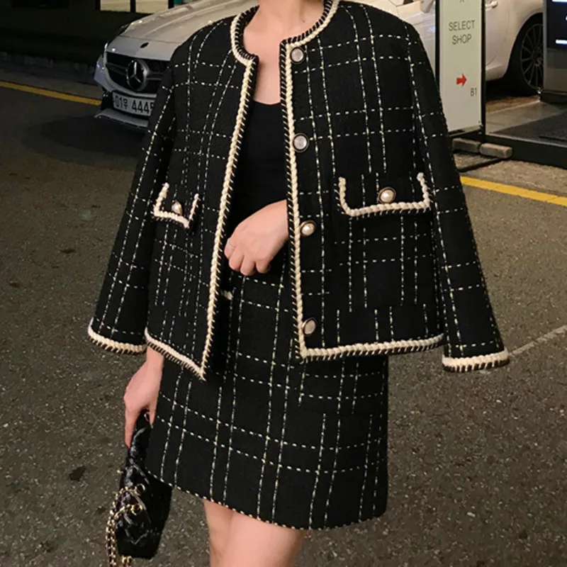 European Style Autumn Winter 2 Piece Set Women Short Woolen Tweed Jacket Coat & Bodycon Mini Skirt Set Women Two Piece Outfits European Style Autumn Winter 2 Piece Set Women Short Woolen Tweed Jacket Coat & Bodycon Mini Skirt Set Women Two Piece Outfits