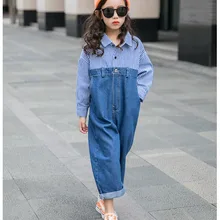 Новинка года; Модные женские комбинезоны для девочек-подростков; свободные синие полосатые джинсы; Лоскутные Комбинезоны; детские джинсовые брюки; одежда для детей