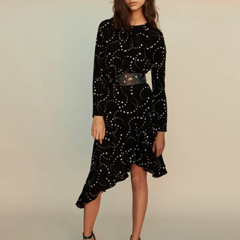 2019 осенне-зимнее платье женское с принтом звезды Boho Дизайнерское черное миди