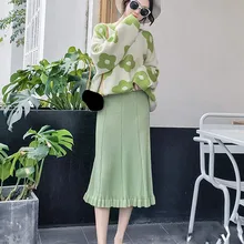 Сексуальная Женская юбка, чистый цвет, плиссированная юбка с волнистым краем, длинная облегающая юбка размера плюс, Женская однотонная Повседневная Осенняя юбка, женская одежда