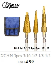 XCAN, 3 шт., 3-12 мм, 4-12 мм, 4-20 мм, HSS, прямые пазы, шаг, набор сверл, титановое покрытие, дерево, металл, дырокол, набор сверл
