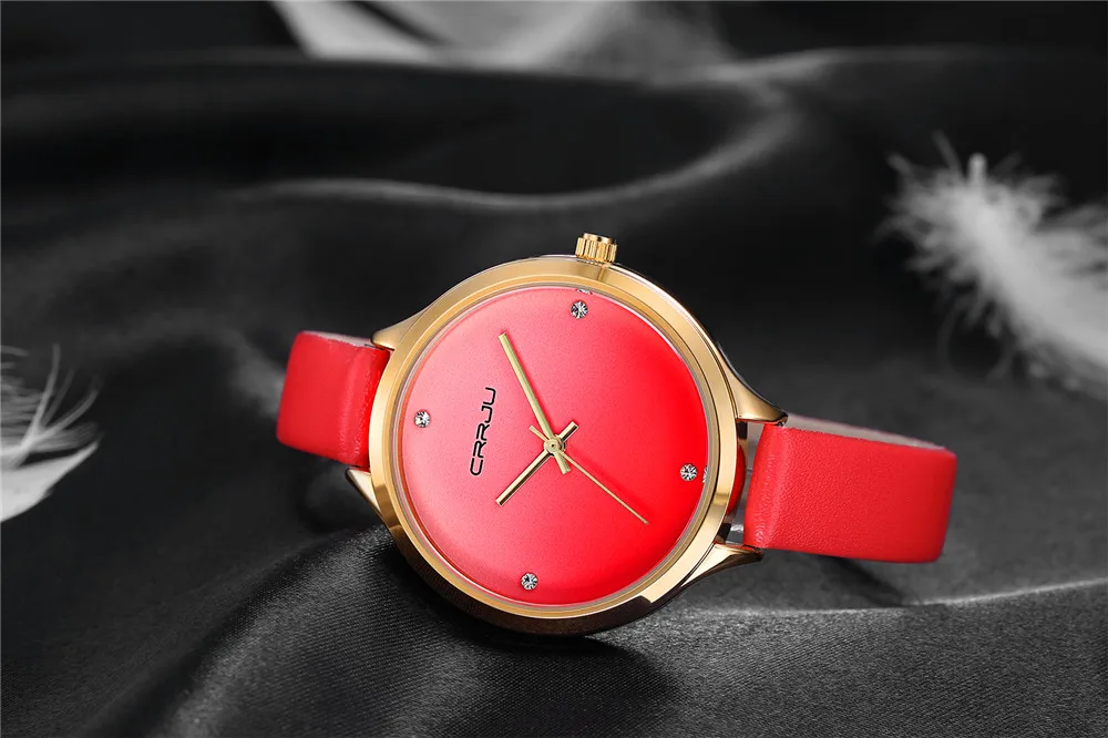 

women watches Brand CRRJU Fashion quartz-watch Women's clock relojes mujer dress ladies watch Business red leather Wristwatches