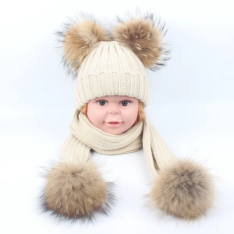 Новые модные осенне-зимние вязаные шапки и наборы шарфов с двойным меховым помпоном для детей, плотные бархатные шапочки