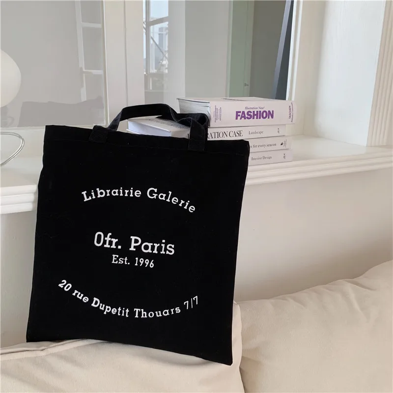 Women Canvas Shoulder Bag Paris Letters Print Shopping Bag Eco Cotton Linen Shopper Bags Cloth Fabric Handbag Tote For Girls