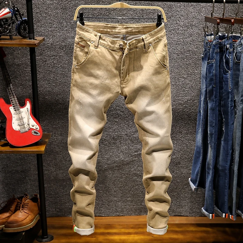 Pantalones vaqueros elásticos para hombre, Vaqueros ajustados informales a la moda, Color caqui, verde, gris, de talla grande 38-28, 2020