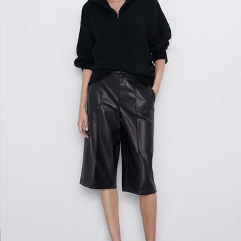 

Women Knee Length Pants Lady Casual Drawstring Chic PU FauxLeather Pants High Waist Five Point Trousers Female casual pants