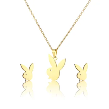 

2020 New Long Ear Rabbit Bunny Necklace Earrings Pendant-playboy Earrings Necklace Kpop Stainless Steel Minimalist Jewelry Set