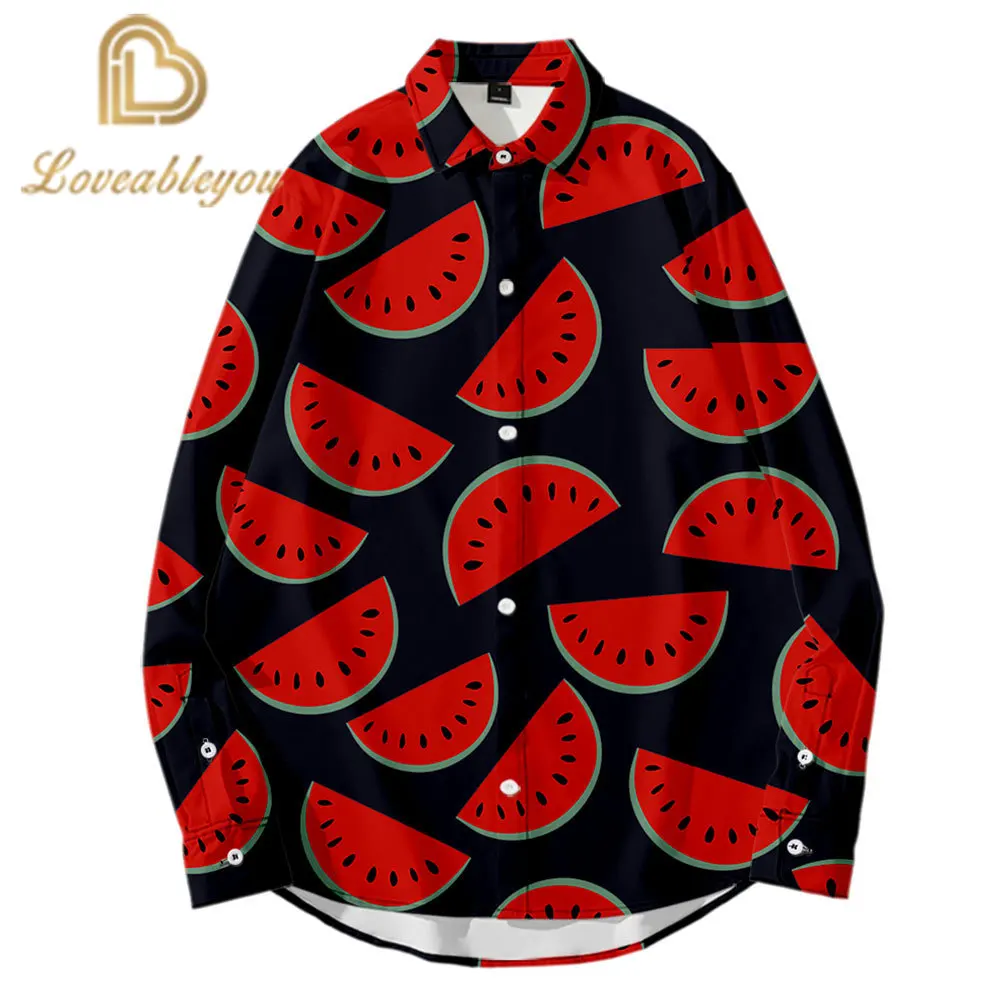 

Watermelon Printing Autumn Loose Shirtman Plus Size Beach Flower Shirt Seaside Hawaii Vacation Long Sleeve Shirt
