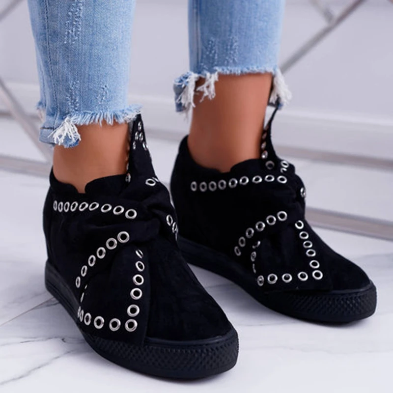 Casual Flat Plus Size Women Sneakers Ladies Suede Bow Tie Slip On Vulcanized Shoes Female Increase in Flats Footwear - Color: black