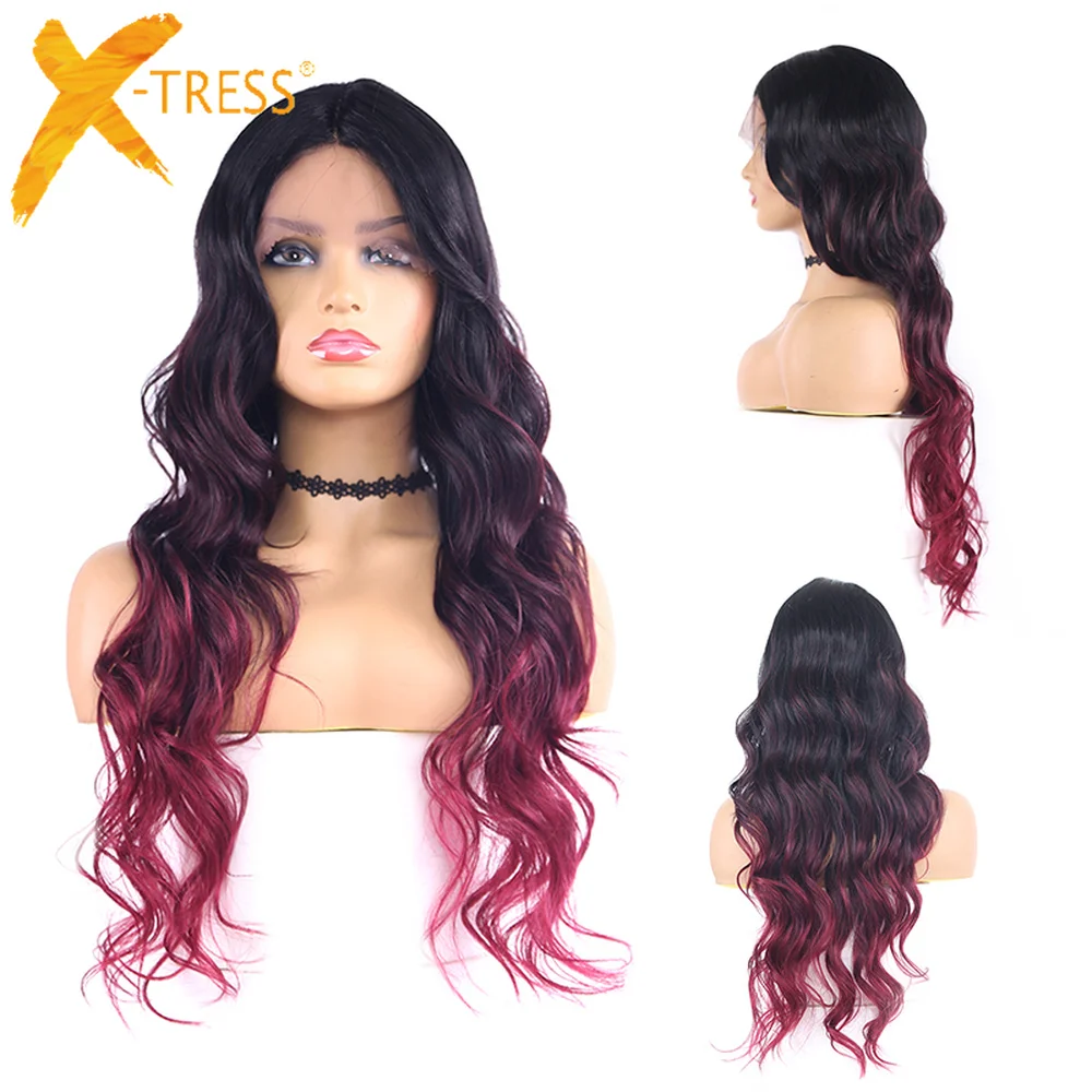 1B/99J/BURG Ombre Colored Synthetic Lace Front Wigs Long Wave Black Brown Glueless 22 Inches Hair Wig For Women X-TRESS | Шиньоны и
