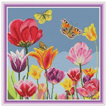 

Tulip and butterfly flower counted 11CT 14CT DIY kit Chinese wholesale Cross Stitch embroidery needlework Sets home decor