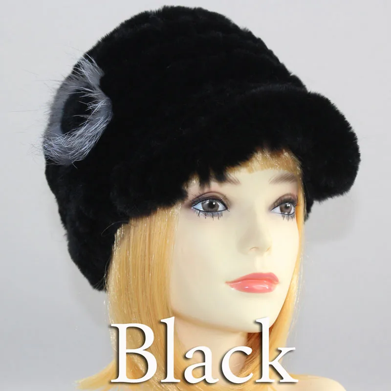 BLACK Зимний Теплый Женский Настоящий мех кролика, шапка в полоску, вязаная, натуральный мех кролика Рекс, бейсболки, Цветочная женская меховая заколка, бренд - Цвет: BLACK