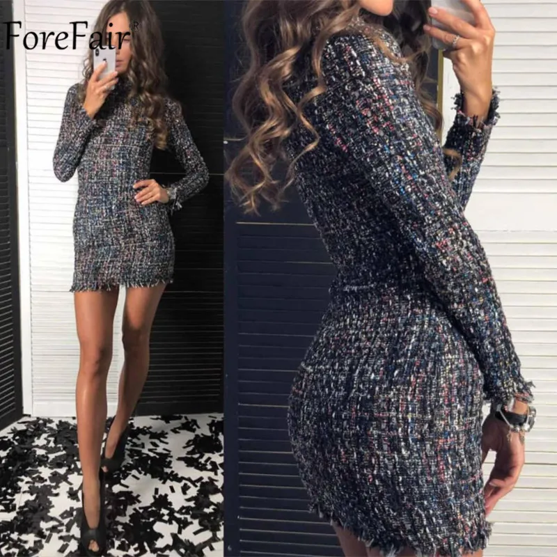 Flower Gray Forefair водолазка в клетку твидовое платье с длинным рукавом Мини Элегантные винтажные осень зима офисные пикантные вечерние красные Клубные платья - Цвет: Flower Gray