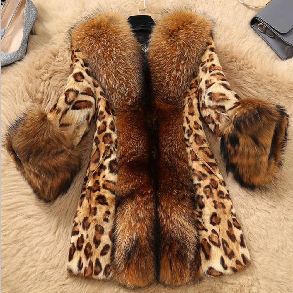 Женское леопардовое пальто из искусственного меха, зимняя утепленная теплая тонкая меховая Шуба с длинными рукавами, верхняя одежда, элегантный Тренч, большие размеры# J30