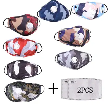 

Unisex Reusable Camouflage Mouth Mask with Respirator Valve+2pcs Filter Washable Anti Dust Pollen for Adult Kids Outdoor Sports