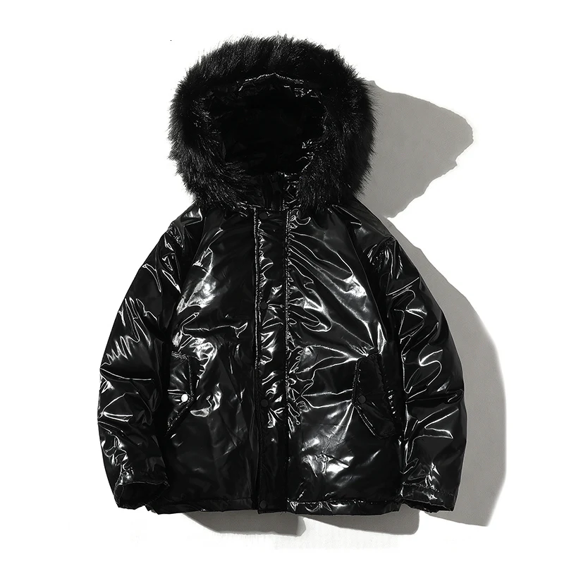 Winter New Jacket Men Warm Thick Fashion Solid Color Casual Fur Collar Hooded Coat Man Streetwear Wild Loose Cotton Male Clothes - Цвет: Черный