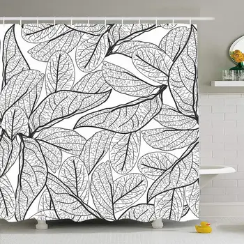 

Shower Curtain Set with Hooks 72x72 Leaves Sketch Tea Contours On Garden White Floral Nature Textures Detailed Summer Leaf