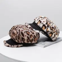 Женский зимний Пушистый Плюшевый Ретро берет с леопардовым принтом, плоская бейсболка DXAA
