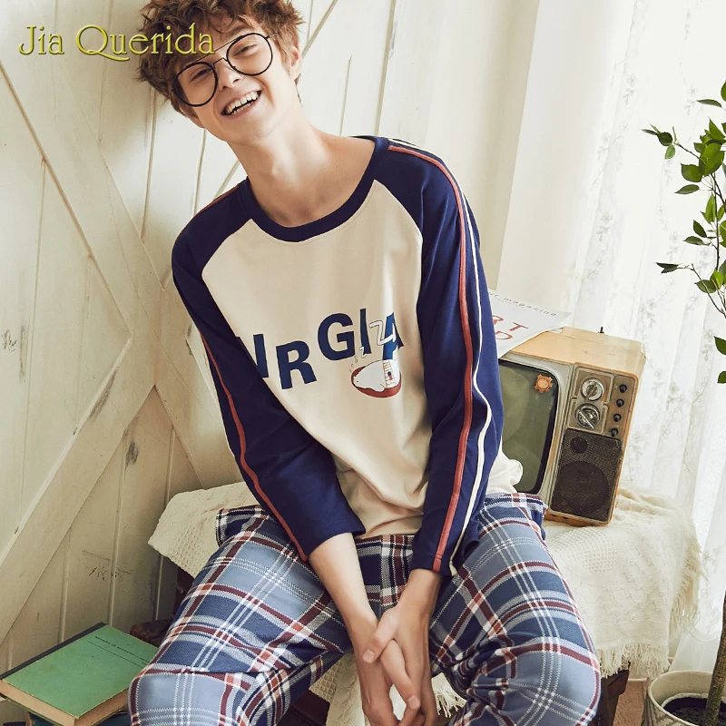 Pajama Men 100% Sping Fall Pyjamas Men 2020 New High Quality Men Nightwear Plaid Bottoms Letter Printing Men's 2 Piece Home Suit