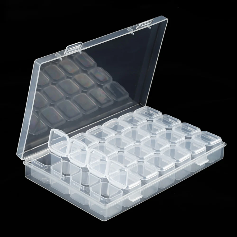 

28pcs Square lattice Storage box tool diamond painting accessories Round and square drills General purpose Self Tag paper Spoon