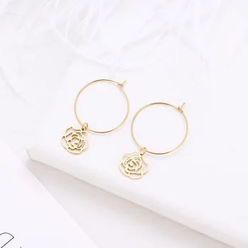 

CACANA Women Earring Bohemia Simple Large Circle Rose Flower Drop Earrings Boho Women Elegant Stainless Steel Jewelry
