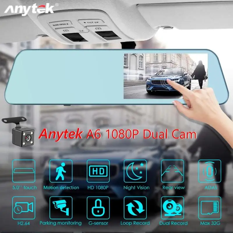 Anytek A6 1080P видеорегистратор для автомобиля зеркало заднего вида Автомобильная камера рекордер двойной объектив ADAS g-сенсор ночного видения видеорегистратор видеомагнитофон