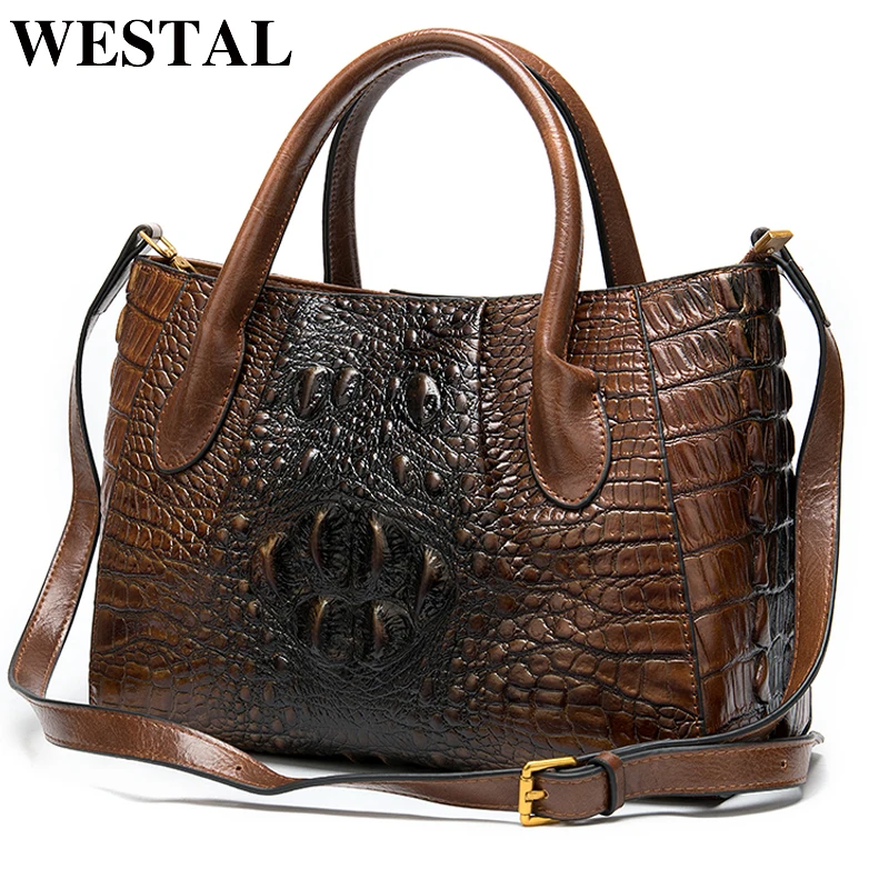 WESTAL women's genuine leather handbag women ladies bag Crocodile pattern handbags designer tote-handle bags briefcase female