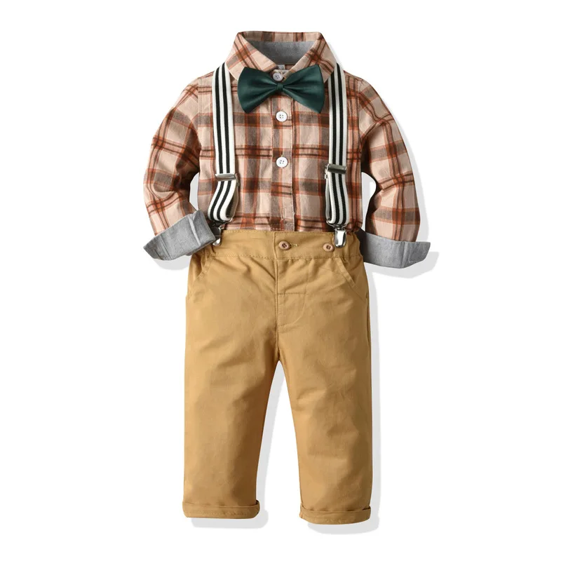 

Little Boy Clothing Baby Suits Long-sleeves Overall + Green Bow + Khaki Pants + Belt Set 9 12 18 24 Months Kid Gentleman Clothes