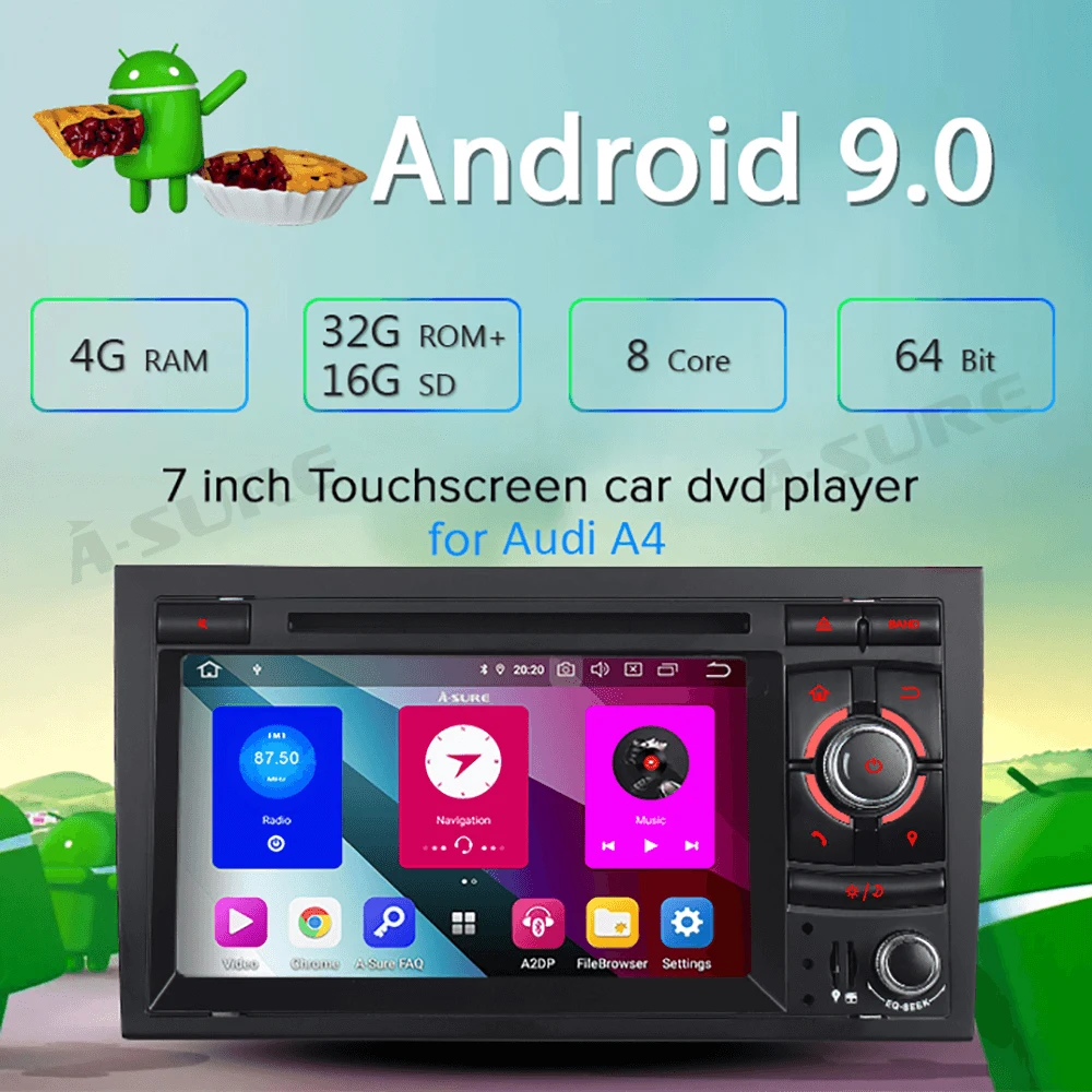 Sale A-Sure 7 Inch 2 Din 8 Core Android 9.0 Radio GPS DVD Player Navigation For Audi A4 (2002-2007) S4 RS4 8E 8F B9 B7 SEAT EXEO RNS 1