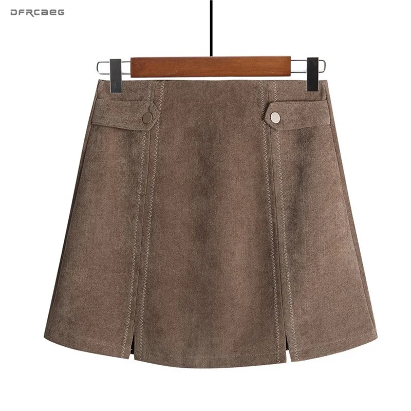 Хаки Осень Зима мини юбка трапециевидной формы для женщин Мода Hig Талия шикарные короткие юбки женские повседневные Saias