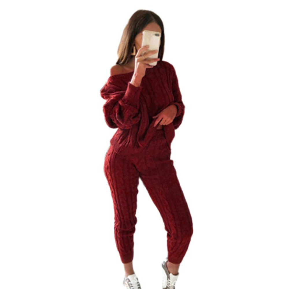 Knitting Tops+Pants Set Outfits For Women Winter Warm Knitted Sets 2 Pieces Ladies Sets Women Sweater Autumn O Neck Solid - Цвет: wine red