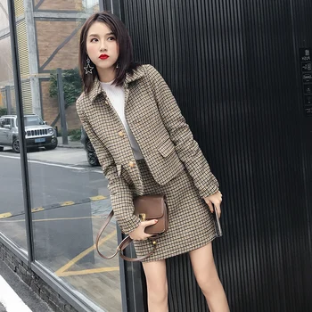 

Fashion Women Plaid Skirt Set Autumn 2PCS Checked Woolen Blazer Jacket + Mini Skirt Two Piece Set Suit Spring Matching Clothes