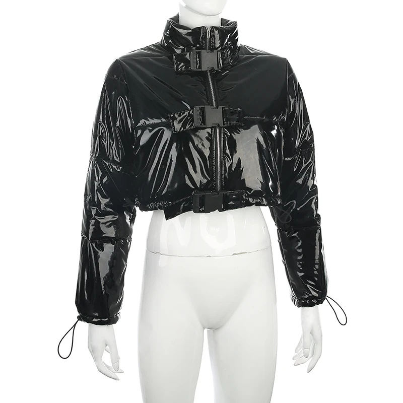 HEYounGIRL черная искусственная кожа Bubble пальто для женщин осень зима теплая куртка-пуховик с пряжкой парка с длинным рукавом женская уличная одежда