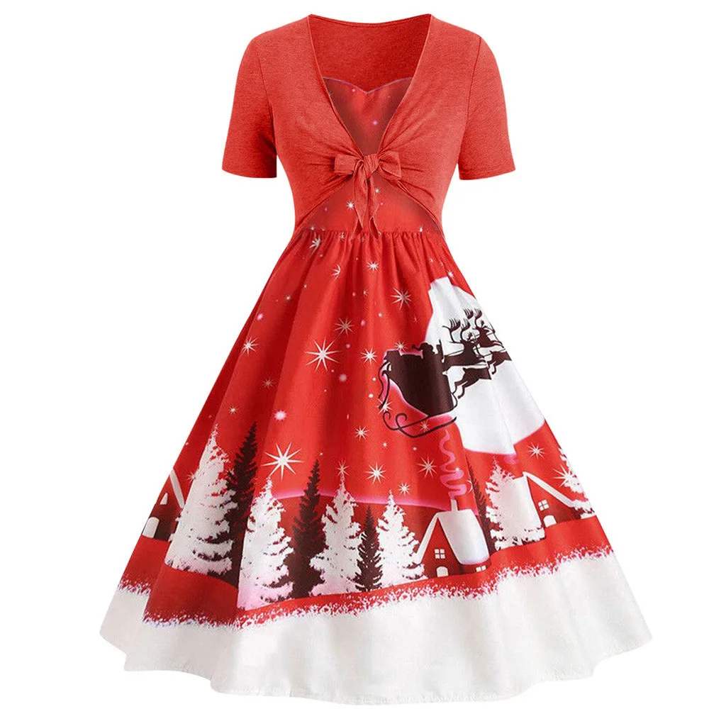 

Christmas Printed Dress For Women Vintage Short Sleeve Bow Knot A-Line Swing Dress Suit 2019 Autumn Elegant high waist dresses