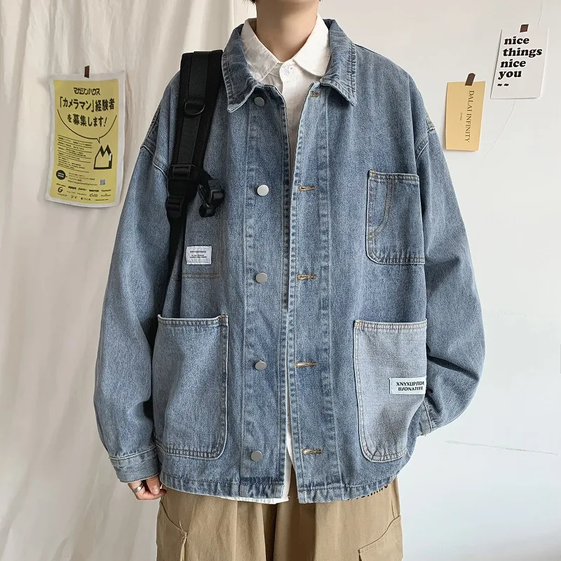 

Ins retro workman denim jacket men's spring and autumn new trend handsome loose tide brand top jacket.