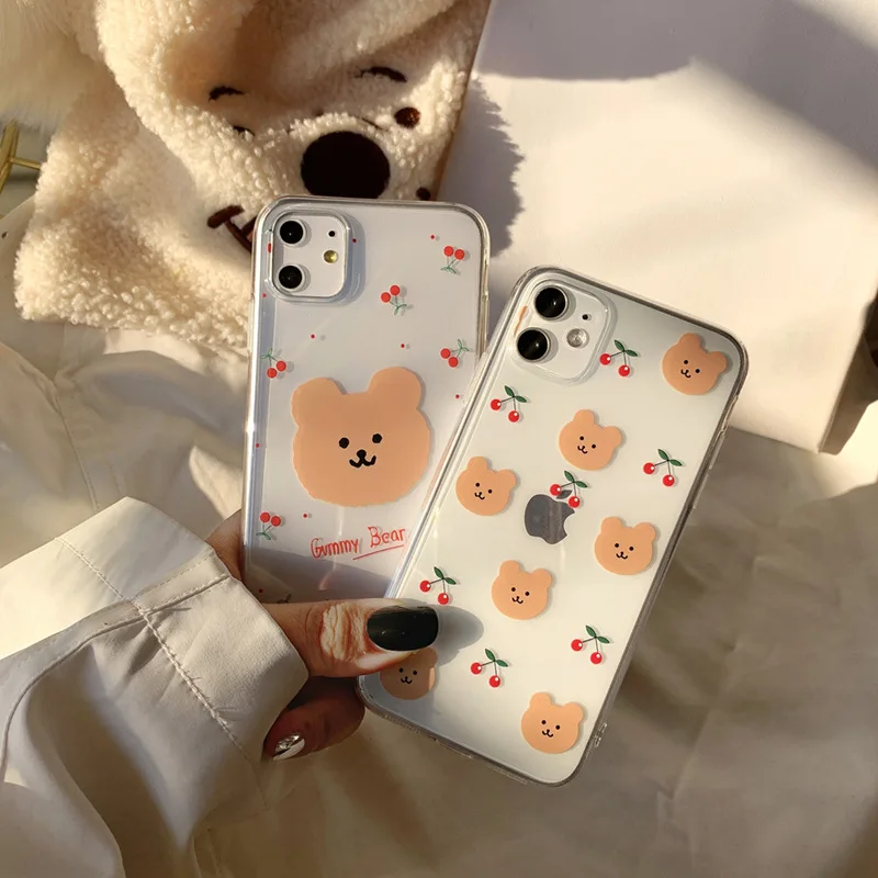 Retro cherry bear letters couples cute Phone case for iPhone 12 11 Pro MAX X XS XR case silicone cover For iPhone 7 8 Plus Case