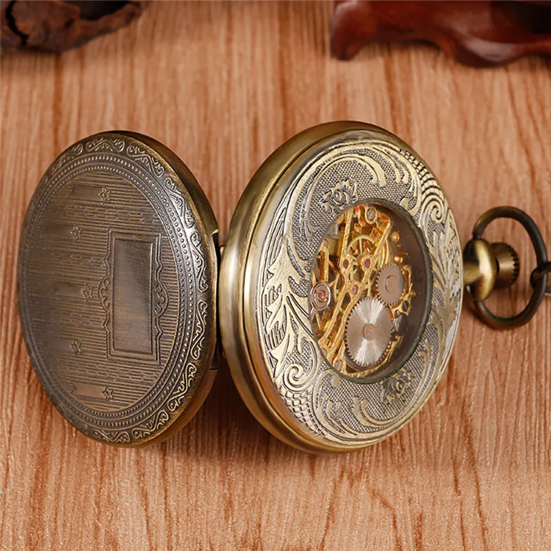 Bronze Vintage Style Men Women Handwinding Mechanical Skeleton Pocket Watches Full Hunter Case Pendant FOB Chain Clock Gift relo