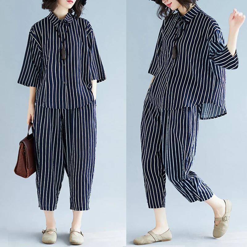 Осенняя женская одежда полосатые комплекты из двух предметов 2019 новые ретро