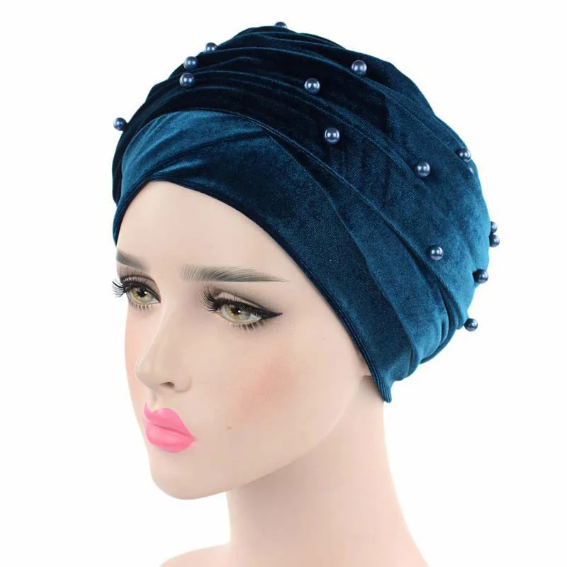 Бархатный хиджаб с жемчугом тюрбан Кепка мусульманская длиннохвостый головной убор шапка мусульманская шапочка с шарфом Дамская африканская повязка головной платок шарфы