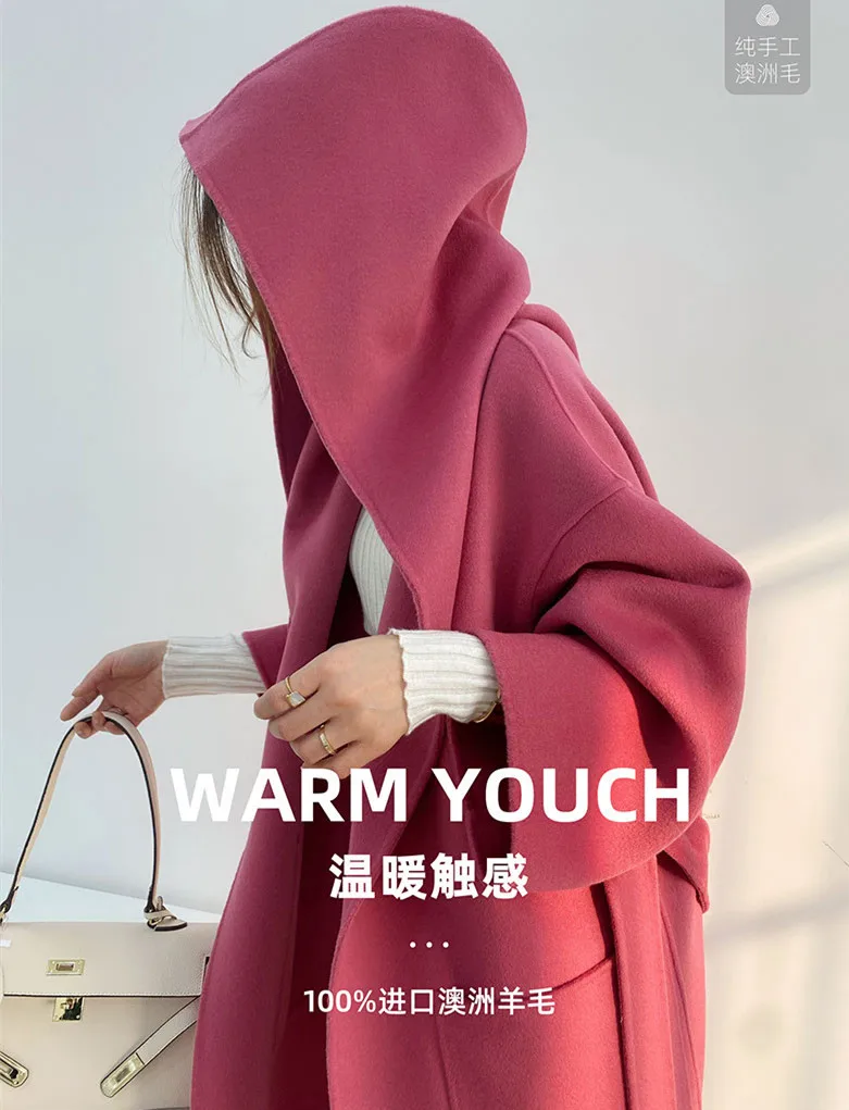 womens parka coat Korean Rose Red Double-Sided Hooded Long Woolen Overcoat Womens Long High-end Thickened 2021 Winter Loose Cocoon 100% Wool Coat north face parka