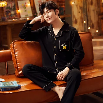 

Cardigan Men's Pajamas Set Autumn Cotton Short Sleeve Trousers Set Korean Version of Loose Winter Home Service Men Sleepwear